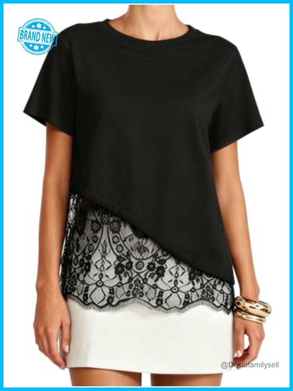 Women's Lace Patchwork Cotton Short Sleeve T Shirt Top